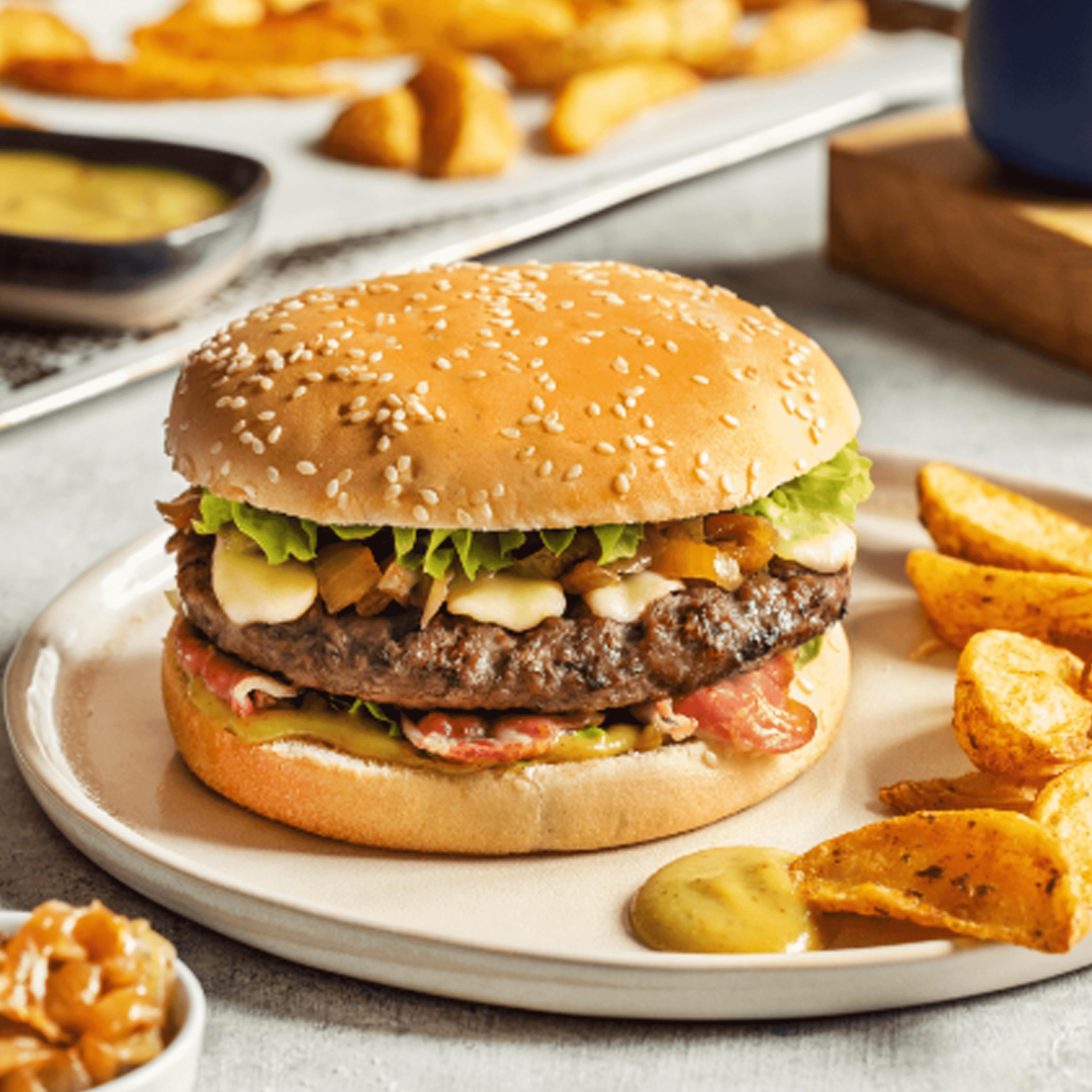 Hamburger au lard fumé et moutarde au miel