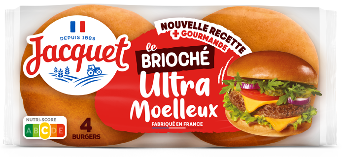 Burger ultra moelleux brioché taille grand format max, Jacquet marque française, généreux, brillant, doré, bombé, gourmand