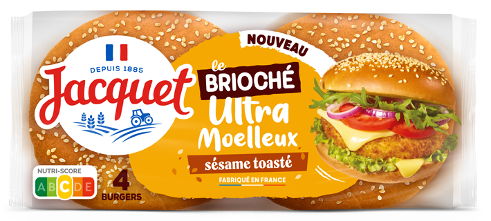 Burger ultra moelleux brioché taille grand format max, Jacquet marque française, généreux, brillant, doré, bombé, gourmand, sésame toasté