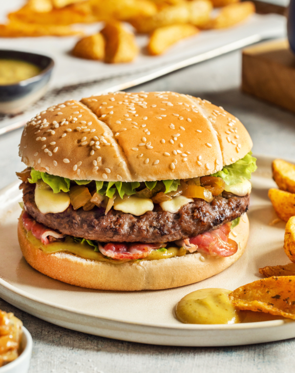 Hamburger au lard fumé et moutarde au miel